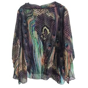 Sheer Peacock Print Open Front Kimono Cardigan with Tank Top Set Multicolor